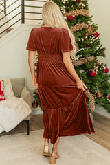Chestnut velvet maxi dress with short sleeves and tiered gathered waist