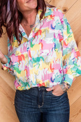 Chemise décontractée boutonnée à manches longues imprimée cheval coloré blanc-A WOMAN WE LOVE