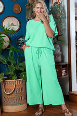 Ensemble t-shirt à manches chauve-souris texturé vert menthe, pantalon large, grande taille-A WOMAN WE LOVE