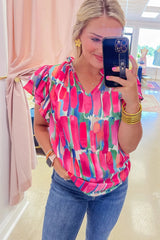 Chemisier à col en V et manches volantées à imprimé pinceau abstrait rose-A WOMAN WE LOVE