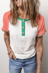 T-shirt Henley Textured with Raglan and Color Block White sleeves