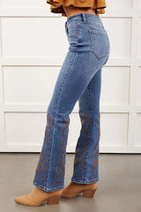 Jean évasé bleu brodé, style western