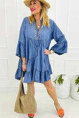 Sky Blue Chambray Ruffle Mini Dress with Tiered 3/4 Sleeves and Split V-Neck