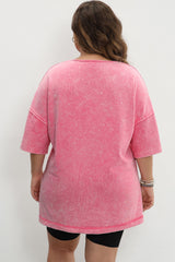 Strawberry Pink Mineral Wash Drop Sleeve Patchwork T-Shirt