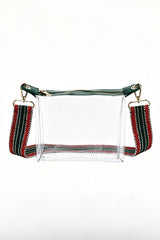 Petit sac transparent à finitions vert foncé et sangle tissée à motifs