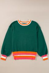 Blackish green color block striped trim drop shoulder sweater