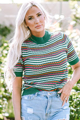 T-shirt knitted with dark green striped pattern and contrasting border