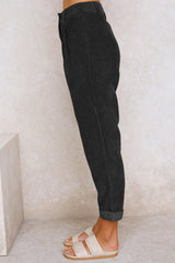 Straight pants high in black ribbed velvet