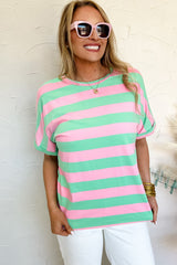 Loose t-shirt with rolled up sleeves and pink stripes
