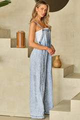Beau Blue Frayed Wide Leg Denim Overalls, Light Wash, Exposed Seams