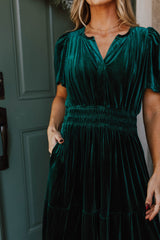 Evergreen Velvet Long Dress with Short Sleeves and Tiered Ruched Waist