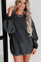 Black plain ribbed knit crew neck sweatshirt