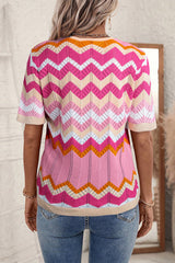 Short -sleeved sweater and knitted V -neck for chevrons and pink stripes