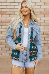 Chaqueta de jeans azul estampado aztecas