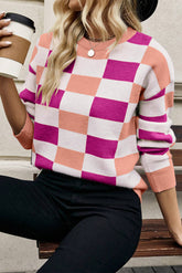 Pink sweater checkered and ribbed edges *