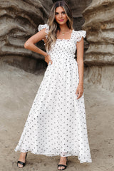 Long White Smocked Dress with Pois *