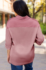 Pink waffle long sleeve half button loose top