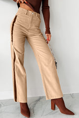 Pantalon droit beige en velours côtelé à empiècements contrastés