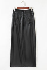 Jupe longue noire en simili cuir à taille haute et fente latérale