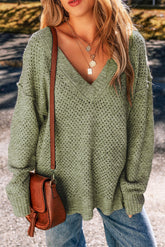 Jungle Green Eyelet Loose Sweater, V-Neck, Dropped Shoulders