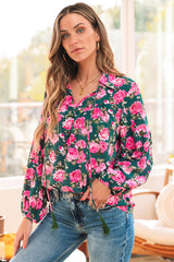 Blusa verde con mangas hinchadas y collar atado con estampado floral *