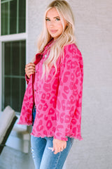 Pink leopard print jacket with buttoned cuffs and raw hem