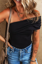 Body noir plissé à une épaule de couleur unie *-A WOMAN WE LOVE