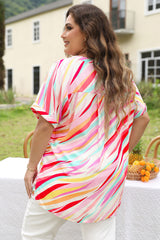 Top blanco con estampado abstracto y mangas cortas, cuello con muescas, gran tamaño