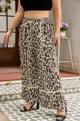 Pantalon large beige léopard grande taille à cordon et poches plaquées