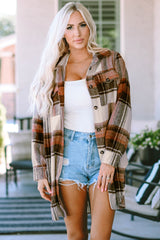 Long brown checked jacket with flap pockets