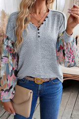 Gray floral top with lantern sleeves, buttoned patchwork, V-neck