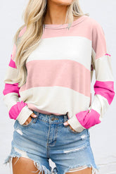 Light Pink Color Block Striped Drop Shoulder Long Sleeve Top