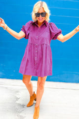 Robe babydoll à col et manches bouffantes en velours côtelé rouge rose