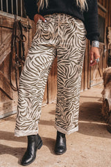 Pantalon beige zébré à taille élastiquée et cordon