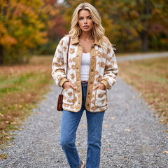 Fleece jacket buttoned with cute light beige light flowers light