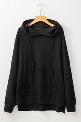 Black Waffle Knit Oversized Hoodie with Fleece Lining