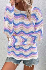 Drozel -knitted shoulder sweater wavy poop with purple stripes