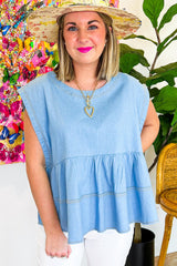 Denim Basque top with trendy seams beautiful blue