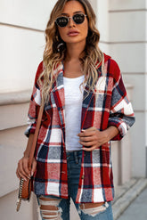 Bright red hooded jacket checkered buttoned on the front
