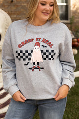 Creep It Real Ghost Printed Light Grey Sweatshirt Plus Size