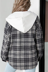 Loose-fitting jacket with contrasting hood and flap pockets in black plaid print