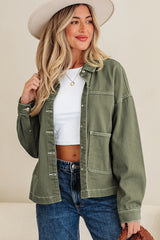 Veste en jean vert kaki oversize à grandes poches en coton