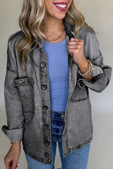 Split denim jacket with patch pocket and medium gray mineral wash