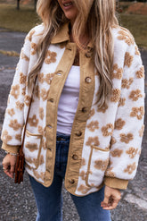 Chaqueta de vellón abotonada con lindas flores de luz beige ligera