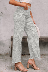 Jean taille haute à jambe large et bord effiloché léopard gris