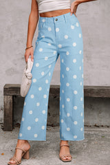 Jean à pois taille haute et bords bruts, beige ou bleu ciel