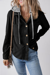 Black ribbed velvet jacket with hooded and pockets with tightening cord