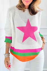 White sweater with dropped shoulders and striped edges in color block with star pattern
