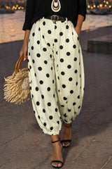 Pantalon sarouel blanc à pois, longueur cheville