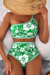Bikini set with high waist with green floral print *